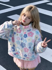 SHEIN 1pc Tween Girl Oversized Stand Collar Half Zip Up Fleece Pullover Sweatshirt, Casual, Autumn/Winter Vacation Club White And Black - White - View 1