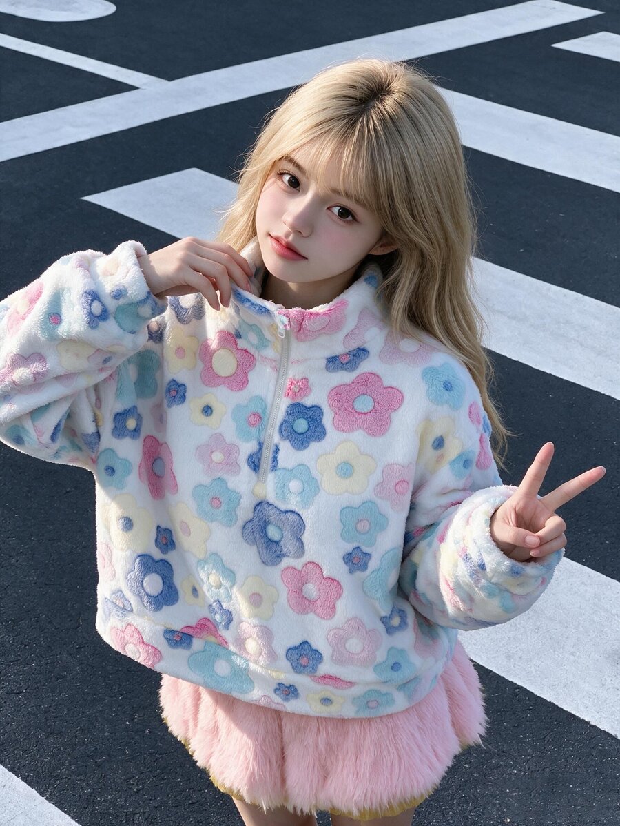 SHEIN 1pc Tween Girl Oversized Stand Collar Half Zip Up Fleece Pullover Sweatshirt, Casual, Autumn/Winter Vacation Club White And Black - White - View 1