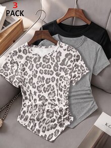 SHEIN Tween Girl Casual 3-Pack T-Shirt Grey Leopard Print Grey Black Digital Print Asymmetrical Hem Ruched Side Short Sleeve Tee Pullover Tops Summer School - Grey - View 1