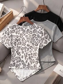 SHEIN Tween Girl Casual 3-Pack T-Shirt Grey Leopard Print Grey Black Digital Print Asymmetrical Hem Ruched Side Short Sleeve Tee Pullover Tops Summer School - Grey - View 2