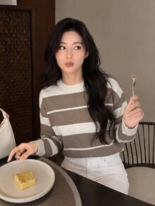 Yumoku Women Fall Winter Sweater Women's Round Neck Stripe Loose Knit Top, Fall Brunch French Style Casual Autumn Winter - Grey - View 4