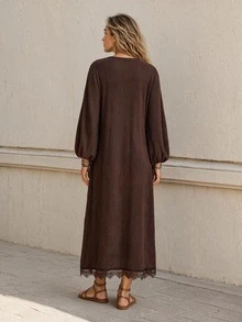 Faunlyn Fall/Winter Dress Women's Solid Color Contrast Lace V-Neck Lantern Sleeve Elegant Long Dress Going Out Dresses - Brown - View 2
