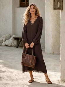 Faunlyn Fall/Winter Dress Women's Solid Color Contrast Lace V-Neck Lantern Sleeve Elegant Long Dress Going Out Dresses - Brown - View 6