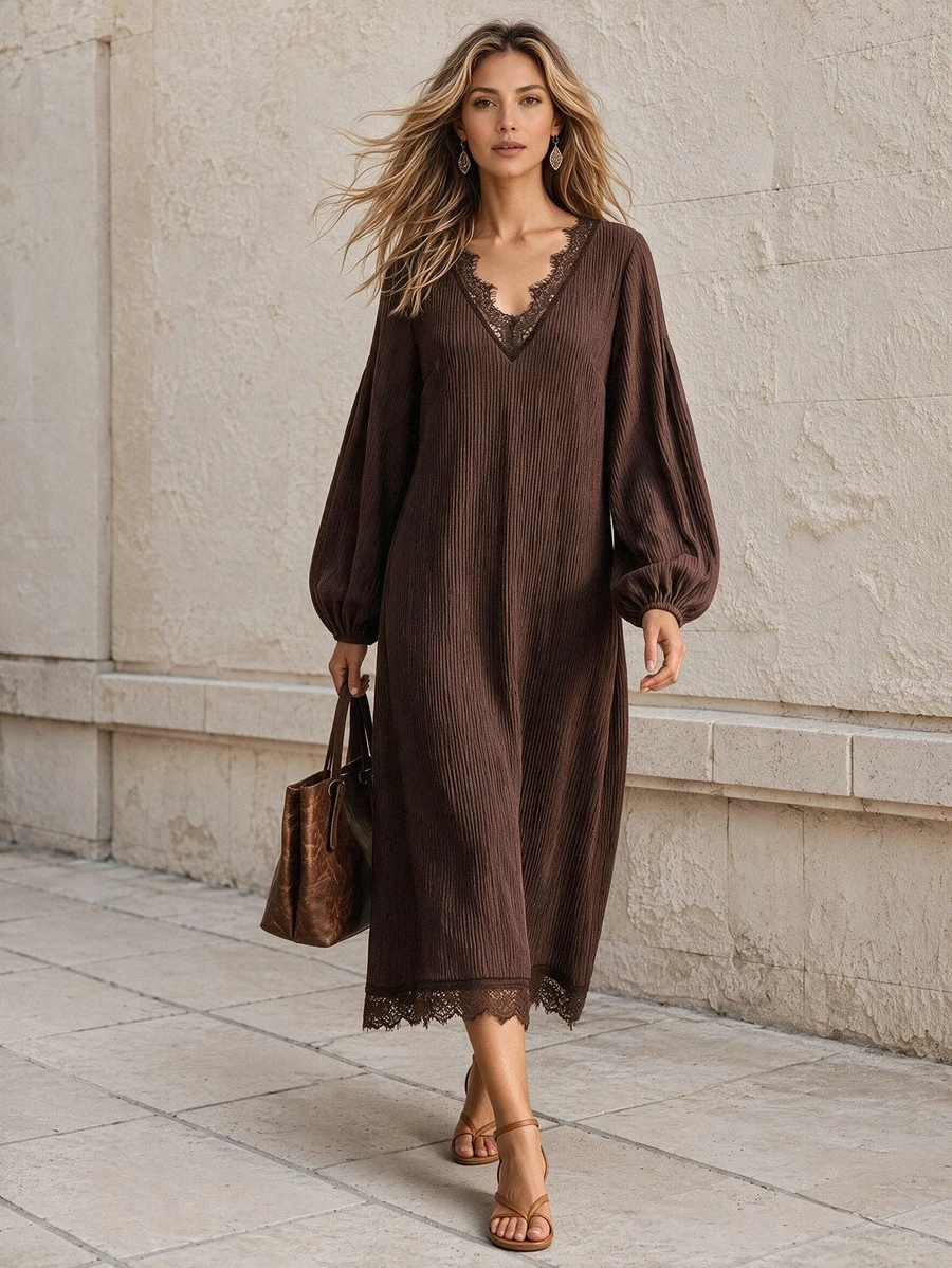 Faunlyn Fall/Winter Dress Women's Solid Color Contrast Lace V-Neck Lantern Sleeve Elegant Long Dress Going Out Dresses - Brown - View 1