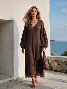 Faunlyn Fall/Winter Dress Women's Solid Color Contrast Lace V-Neck Lantern Sleeve Elegant Long Dress Going Out Dresses - Brown - View 5