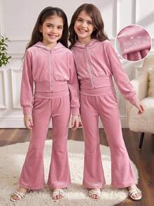 Tween Girl Fall Winter Kids Piece Set, Pink Zip-Up Hooded Sweatshirt And Long Pants, Cozy Casual Daily Outfit, Sporty, Hoodie, School, Street - Pink - View 4