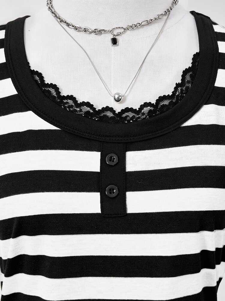 SHEIN Sweetra Young Teen Girls Winter Tops Black And White Collar Button Decor Lace Trim Long Sleeve Casual Streetwear Cute T-Shirt School Sixth Form Party College Formal - Black and White - View 5