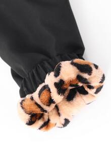 SHEIN Tween Girls' Autumn/Winter Thermal Lined Hooded Jacket, Mid-Length Loose Fit, Leopard Print Lining, Cute Bowknot Graphic, School Going Out Black - Black - View 5