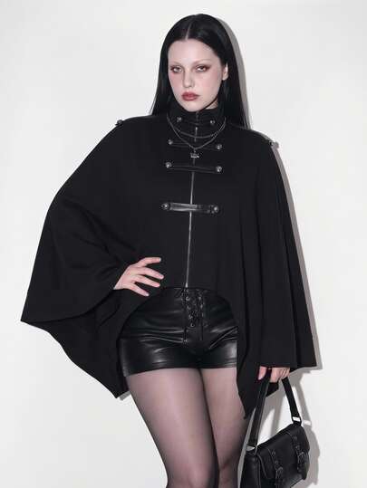 SHEIN ICON Women's Plus Size Retro Sexy Simple Casual Millennial Style Y2K Dark Gothic Asymmetrical Hem Double-Breasted Stand Collar Black Loose Shawl,Fall