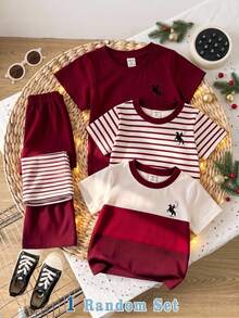 Red Light Contrast Color Kids Casual Fashion Classic Knight Print Crew Neck Short Sleeve T-Shirt Shorts Set Birthday Summer - Multicolor - View 1