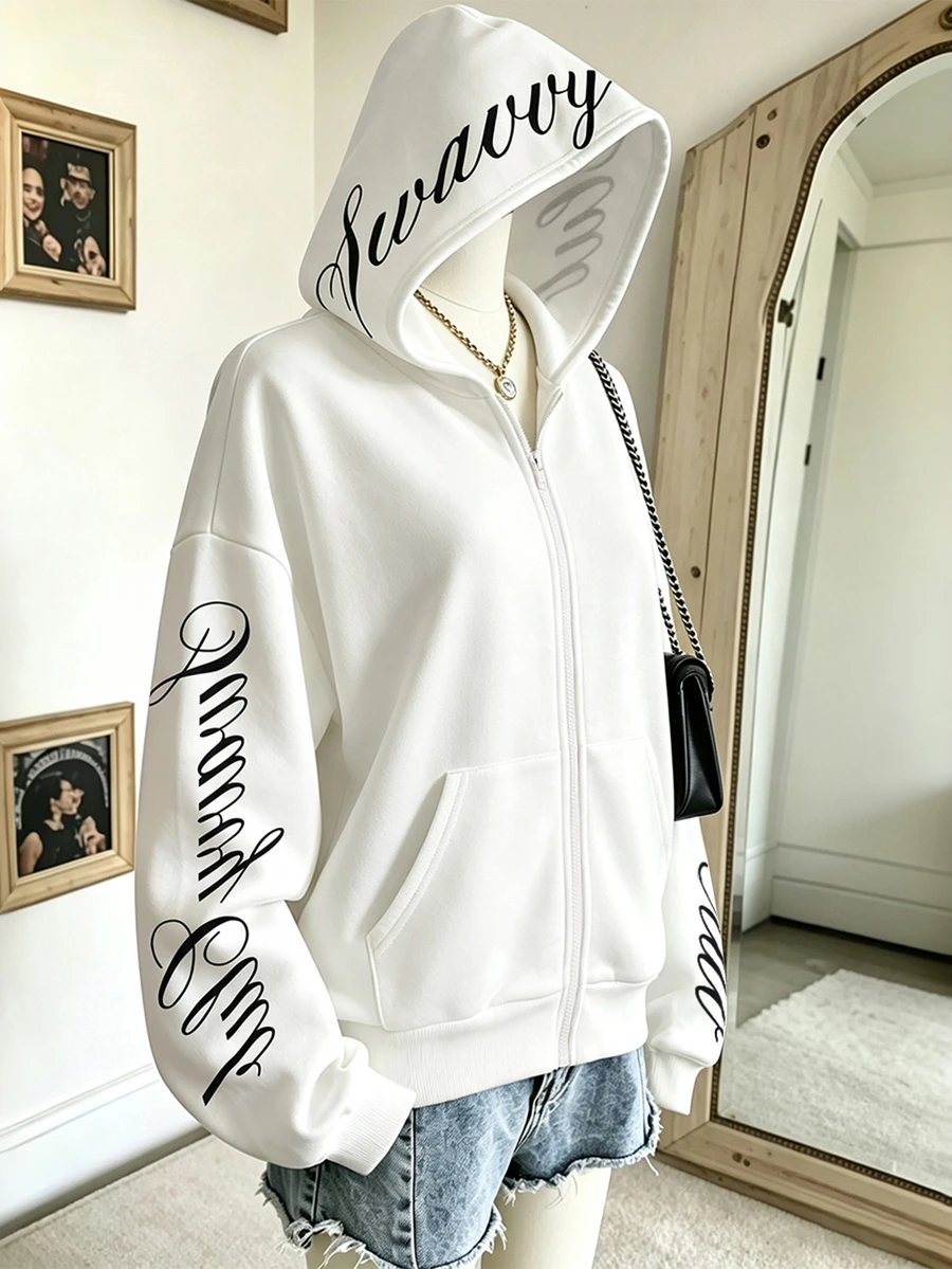 SHEIN Teen Girls Winter White Full Zip Sweatshirt Jacket, Letter Print On Hood And Sleeves, Loose Oversized Drop Shoulder With Kangaroo Pocket, Casual Top - White - View 1