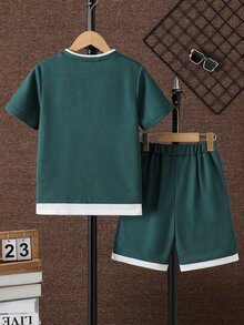 SHEIN 青少年男孩字母印花短袖T恤與短褲休閒兩件套 - 墨綠色 - 查看 3