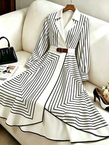 Omancia Striped Elegant Commuter Women's Long Sleeve Dress - Black and White - View 3