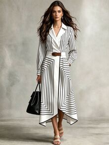 Omancia Striped Elegant Commuter Women's Long Sleeve Dress - Black and White - View 1