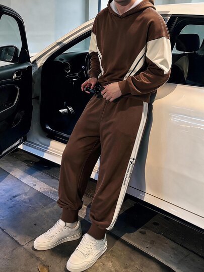 SHEIN Teen Boy Casual Minimalist Long Sleeve Comfortable Hoodie & Pants 2 Pieces Set, Fleece Lined Coffee Color Pullover Knit Sweatshirt, Suitable For Autumn/Winter