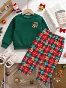 Baby Boys 2pcs Christmas Cartoon Car Sweatshirt And Gingerbread Plaid Pants Set Family Birthday Dark Green Red Plaid Modest - Multicolor - View 5