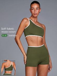 Fluxe 女款棕色單肩短版上衣與高腰短褲套裝，對比飾邊，健身運動訓練瑜珈運動服 - 軍綠色 - 查看 4