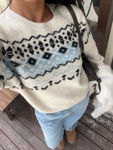 CovetEZ 女款圓領時尚休閒費爾島圖案針織毛衣 - 杏色 - 查看 5