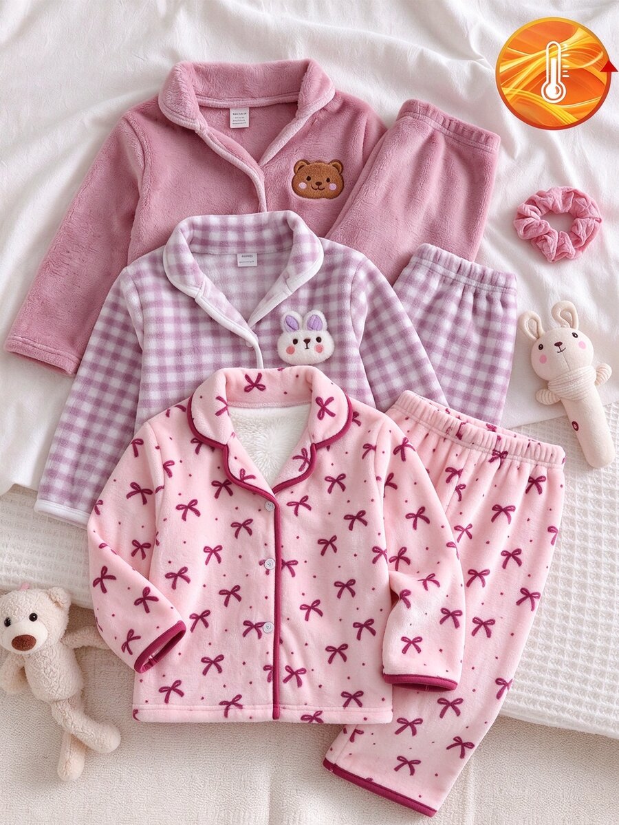 女嬰蝴蝶結印花法蘭絨居家服套裝 - 彩色 - 查看 1