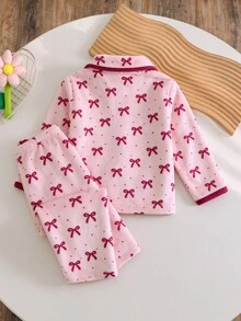 女嬰蝴蝶結印花法蘭絨居家服套裝 - 彩色 - 查看 3