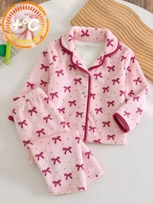 女嬰蝴蝶結印花法蘭絨居家服套裝 - 彩色 - 查看 2