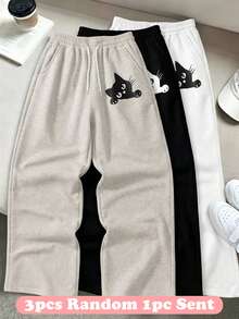 SHEIN Tween Girl Cute Black Cat Graphic Print Wide Leg Sweatpants, Elastic Drawstring Waist Casual Knit Trousers With Side Pockets For Daily Outdoor Wear - Light Grey - View 1