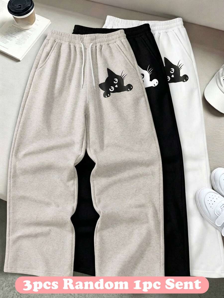 SHEIN Tween Girl Cute Black Cat Graphic Print Wide Leg Sweatpants, Elastic Drawstring Waist Casual Knit Trousers With Side Pockets For Daily Outdoor Wear - Light Grey - View 1