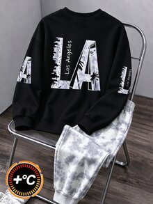 青少年男孩時尚簡約落葉字母印花拼色秋冬連帽衛衣套裝 運動校園學生款 灰色 聖誕生日禮物 - 彩色 - 查看 2