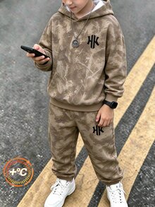 2件組青少年男孩運動休閒套裝 街頭風寬鬆卡其迷彩字母印花連帽衛衣 抓絨內裡 校園秋季冬季返校禮物 - 彩色 - 查看 7