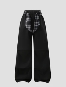 SHEIN Reset Phase 青少年女孩秋季寬腿弧形運動長褲，休閒寬鬆可愛百搭運動褲，適合舞蹈、校園運動、2027年畢業季、海灘，黑色 - 黑色 - 查看 3