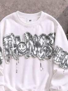 2pcs Tween Boys Sweatshirt Set Street Gray White Graffiti Letter Loose Crew Neck Regular Thickness School Winter Back To School - Multicolor - View 5