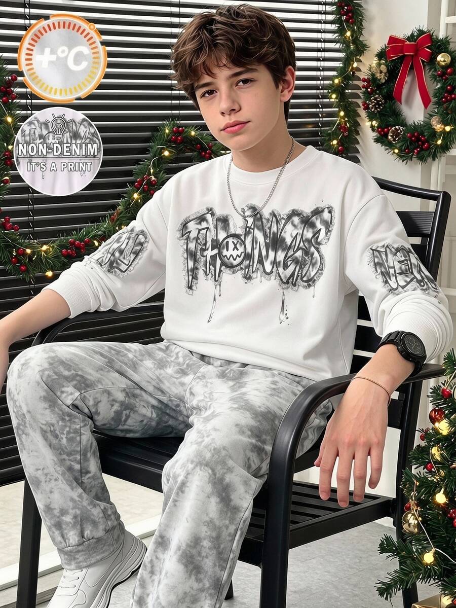 2pcs Tween Boys Sweatshirt Set Street Gray White Graffiti Letter Loose Crew Neck Regular Thickness School Winter Back To School - Multicolor - View 1
