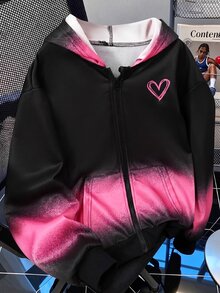 SHEIN جاكيت شتوي بغطاء رأس وسحاب للبنات، ستايل ستريت وير، سويت شيرت، قماش محبوك دافئ - متعدد الألوان - مشاهدة 1