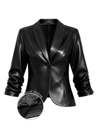 SHEIN LUNE CURVE Plus Size Women's PU Leather Casual Smart Jacket With Buttons, Ruched Cuffs, Suitable For Commuting Halloween Formal Going Out Office Black Autumn