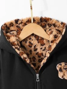 SHEIN جاكيت بنات بلون موحد مع سحاب وبطانة حرارية وتطريز، مريح ومتعدد الاستخدامات للخريف/ملابس خارجية للمدرسة والنادي، أسود لطيف وكاواي - الأسود - مشاهدة 4
