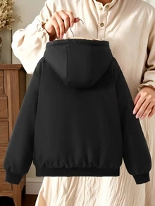 SHEIN جاكيت بنات بلون موحد مع سحاب وبطانة حرارية وتطريز، مريح ومتعدد الاستخدامات للخريف/ملابس خارجية للمدرسة والنادي، أسود لطيف وكاواي - الأسود - مشاهدة 2