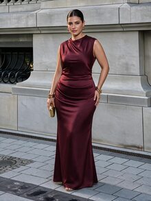 SHEIN BAE CURVE Plus Size Women's Brown Formal Sleeveless Ruched Waist Backless Tie-Back Fitted Mermaid Dress, Party Cocktail Dress, Formal Occasion Dress, Wedding - Brown - View 2