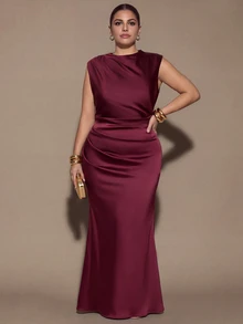 SHEIN BAE CURVE Plus Size Women's Brown Formal Sleeveless Ruched Waist Backless Tie-Back Fitted Mermaid Dress, Party Cocktail Dress, Formal Occasion Dress, Wedding - Brown - View 9