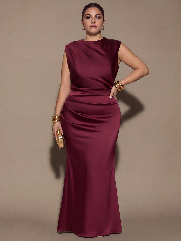 SHEIN BAE CURVE Plus Size Women's Brown Formal Sleeveless Ruched Waist Backless Tie-Back Fitted Mermaid Dress, Party Cocktail Dress, Formal Occasion Dress, Wedding - Brown - View 9