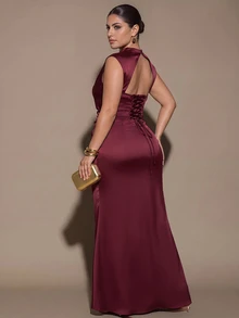 SHEIN BAE CURVE Plus Size Women's Brown Formal Sleeveless Ruched Waist Backless Tie-Back Fitted Mermaid Dress, Party Cocktail Dress, Formal Occasion Dress, Wedding - Brown - View 6