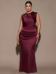SHEIN BAE CURVE Plus Size Women's Brown Formal Sleeveless Ruched Waist Backless Tie-Back Fitted Mermaid Dress, Party Cocktail Dress, Formal Occasion Dress, Wedding - Brown - View 1