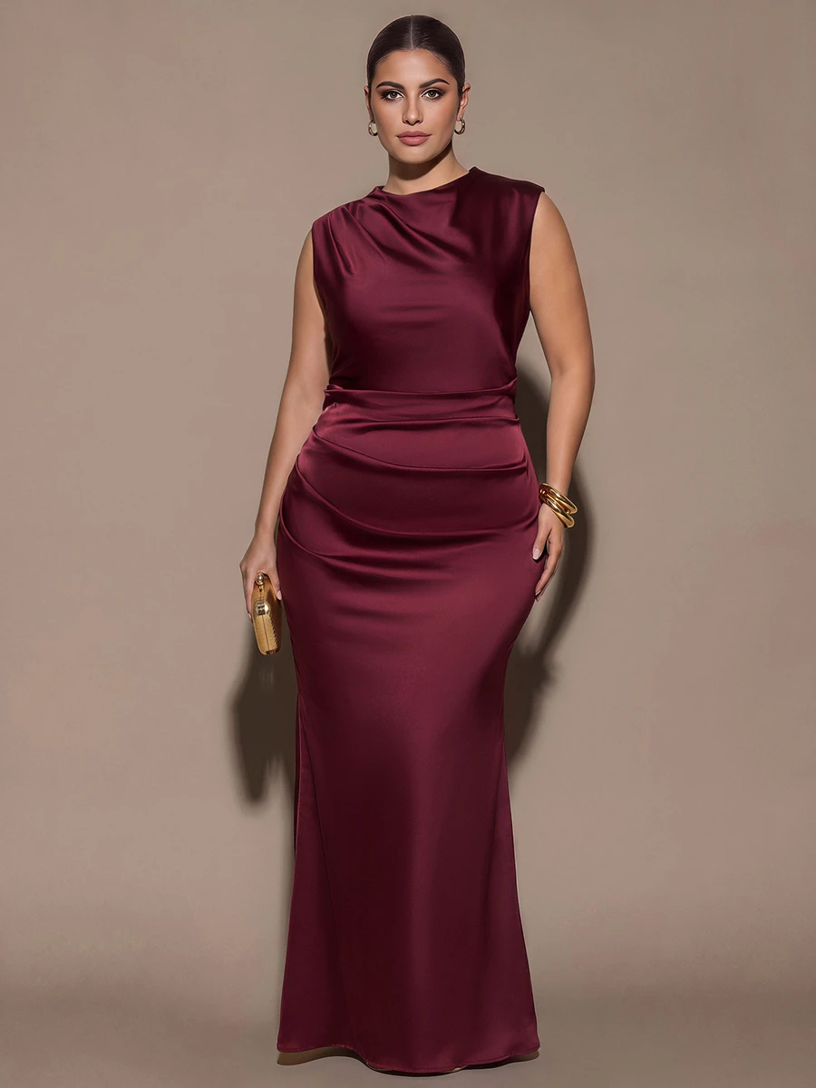 SHEIN BAE CURVE Plus Size Women's Brown Formal Sleeveless Ruched Waist Backless Tie-Back Fitted Mermaid Dress, Party Cocktail Dress, Formal Occasion Dress, Wedding - Brown - View 1