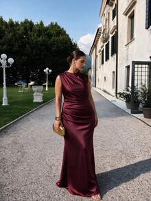 SHEIN BAE CURVE Plus Size Women's Brown Formal Sleeveless Ruched Waist Backless Tie-Back Fitted Mermaid Dress, Party Cocktail Dress, Formal Occasion Dress, Wedding - Brown - View 10
