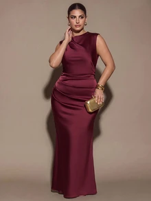 SHEIN BAE CURVE Plus Size Women's Brown Formal Sleeveless Ruched Waist Backless Tie-Back Fitted Mermaid Dress, Party Cocktail Dress, Formal Occasion Dress, Wedding - Brown - View 11