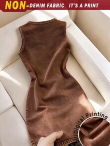 Brown & Coffee All-Over Print Sleeveless Dress For Girls, Suitable For Spring, Summer, Autumn, Ideal For Outings And Daily Casual Wear; This Dress Features A Simple Classic Style, Fitted Cut, And Comfortable Wear. - Multicolor - View 2