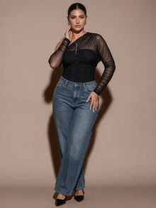 SHEIN BAE CURVE 大尺碼女款黑色長袖網紗連身衣，春夏純黑色不對稱領鏤空透視性感修身連身衣，萬聖節、聖誕節 - 黑色 - 查看 5