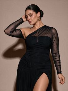 SHEIN BAE CURVE 大尺碼女款黑色長袖網紗連身衣，春夏純黑色不對稱領鏤空透視性感修身連身衣，萬聖節、聖誕節 - 黑色 - 查看 8