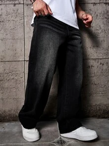 Manfinity CasualKnits 大码男士休闲简约牛仔裤，适合街头休闲，都市摇滚风 - 黑色 - 查看 6