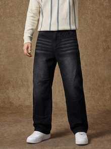 Manfinity CasualKnits 大码男士休闲简约牛仔裤，适合街头休闲，都市摇滚风 - 黑色 - 查看 1