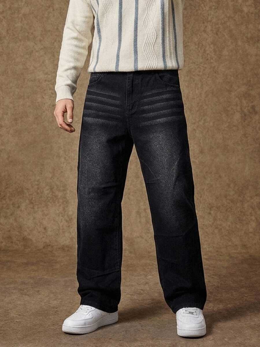 Manfinity CasualKnits 大码男士休闲简约牛仔裤,适合街头休闲,都市摇滚风 - 黑色 - 查看 1